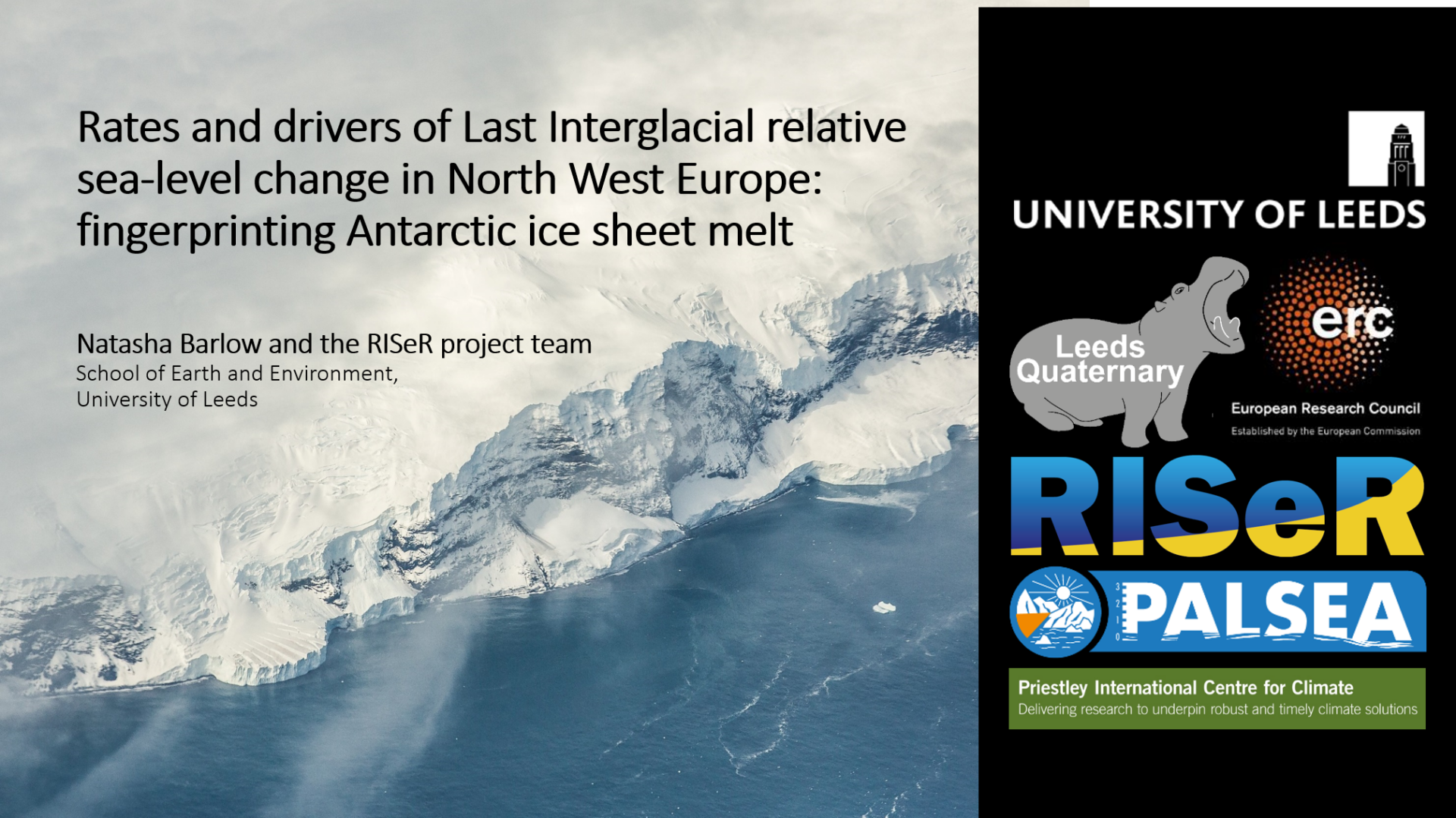 Opening presentation slide showing ice sheet margin melting into the sea and many logos
